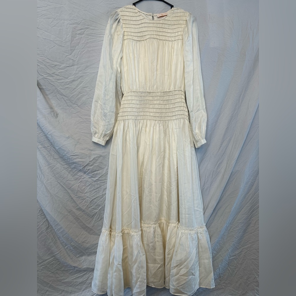 Tory Burch women’s ivory silk smocked midi dress